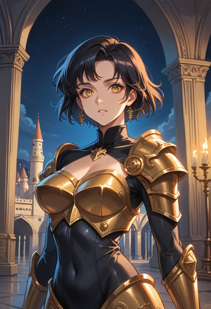 Anime, High-resolution illustrations, unrivaled masterpiece, ultra-realistic 8k CG, perfect artwork, (fidelity: 1.5), night, a woman, solo, neck-length hair, short hair, (vermillion hair), golden eyes glitter with ferocity, voluptuous curves:1.3, perfect body, (Compressed chest:1.3), the dress is a dark, skin-tight bodysuit with gold-accented spiked armor on the shoulders and chest, featuring a gothic fantasy style, character in the middle, standing, palace, ferocious
