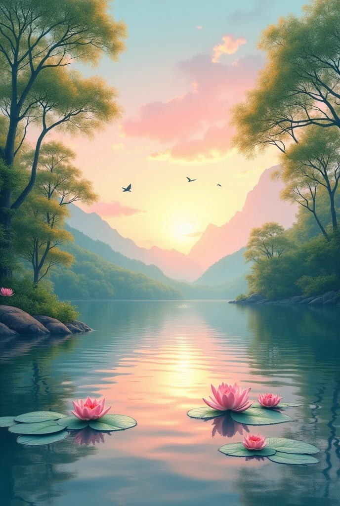 Profile picture that is a drawing of a calm and relaxing lake for YouTube about relaxation and unwinding