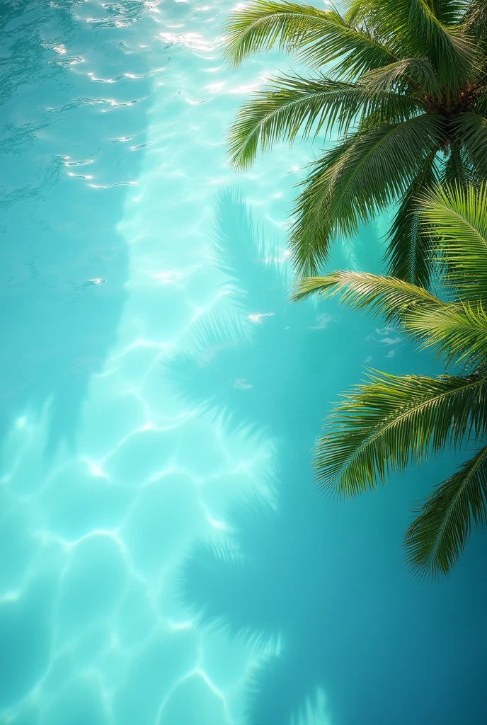 A tranquil aerial view of clear, light blue water with gentle ripples, reflecting sunlight and creating a shimmering effect. On the right side, large, lush green palm fronds cast soft shadows on the water, adding a tropical atmosphere. The scene is peaceful and evokes a relaxing summer vibe, with the focus on the rippling water and the palm fronds providing a sense of warmth and serenity.