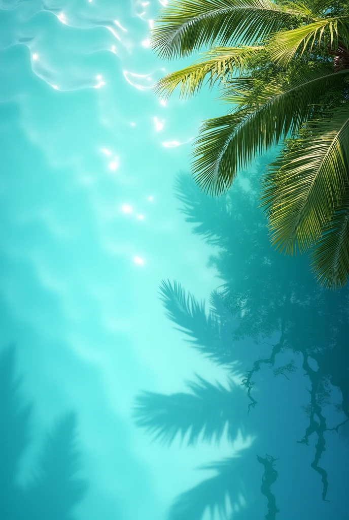 A tranquil aerial view of clear, light blue water with gentle ripples, reflecting sunlight and creating a shimmering effect. On the right side, large, lush green palm fronds cast soft shadows on the water, adding a tropical atmosphere. The scene is peaceful and evokes a relaxing summer vibe, with the focus on the rippling water and the palm fronds providing a sense of warmth and serenity.