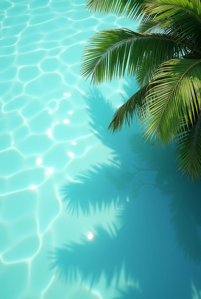 A tranquil aerial view of clear, light blue water with gentle ripples, reflecting sunlight and creating a shimmering effect. On the right side, large, lush green palm fronds cast soft shadows on the water, adding a tropical atmosphere. The scene is peaceful and evokes a relaxing summer vibe, with the focus on the rippling water and the palm fronds providing a sense of warmth and serenity.