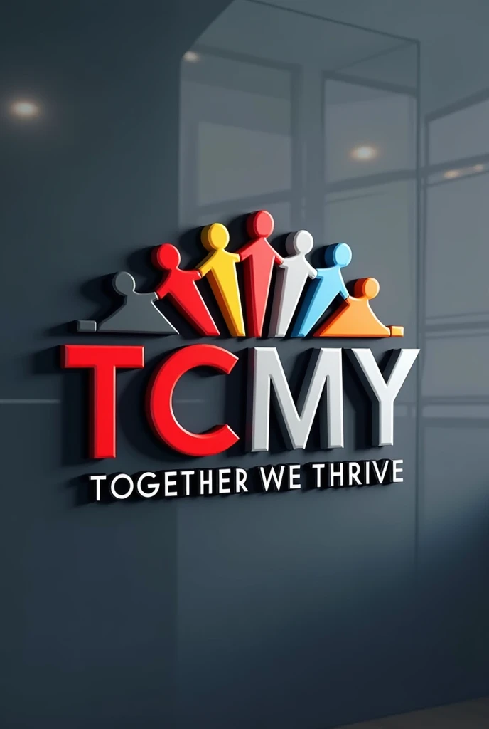 (True black,Active Red,neutral grey). 
 Must Include the above colors as Main Color Code. 
You may use White as well. 
Create a employee engagement team building logo 
Include (TCMY ) with tag line together we thrive 
With colorful humanoid 
Include nice blurred background