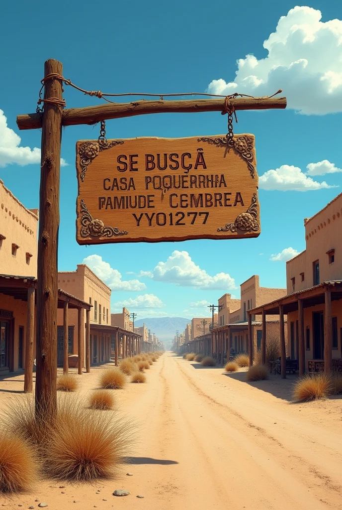 An old western sign in Spanish that says, Small house wanted for humble family, telegrama YYO12777