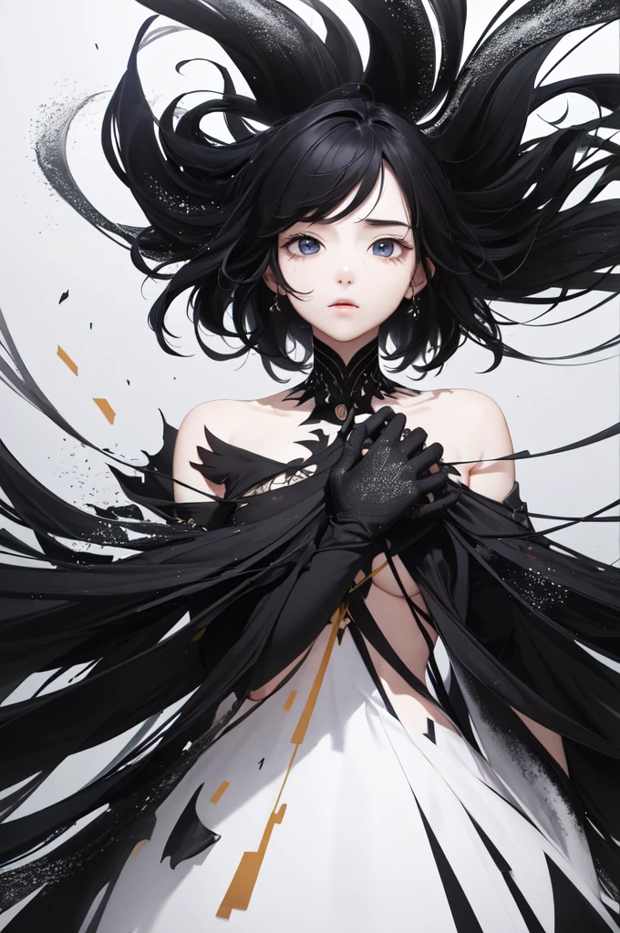 Girl with barbed wire entangled,Hazard pattern background,boredom,Erotic,,Manga,Realistic,The whole picture,illustratio,Heroic,Symbol mark,colourfull,barechested,Black barbed wire,spines,Girl's exposed breasts,Torn clothes