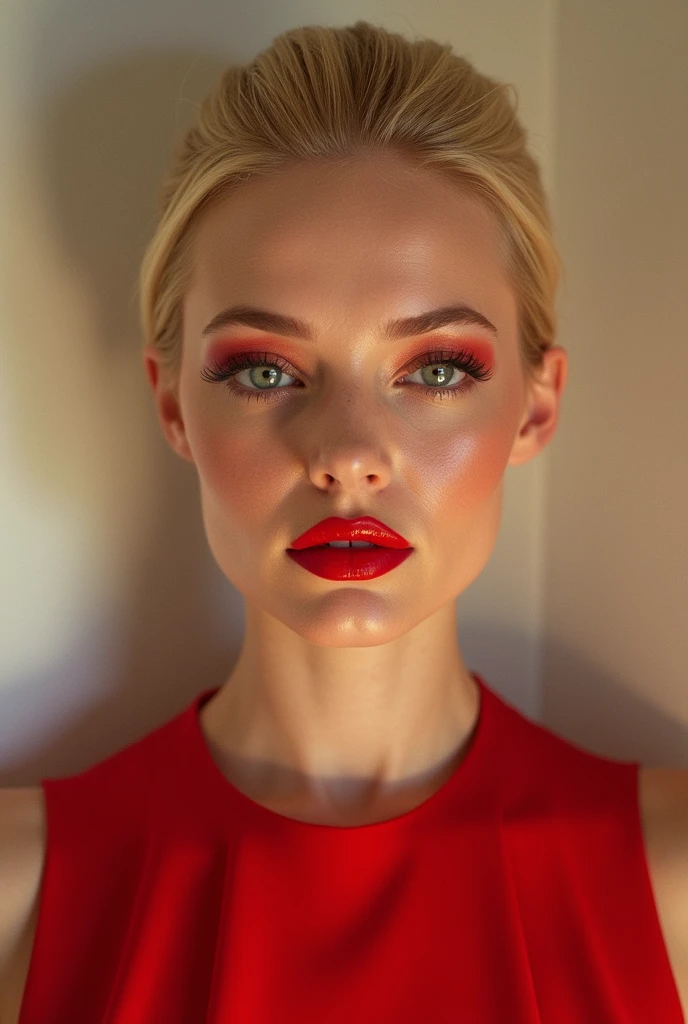 Red make-up,  red lipstick, slicked back Blond hair, Detailed Face, Detailed Lips, Detailed Eyes, 