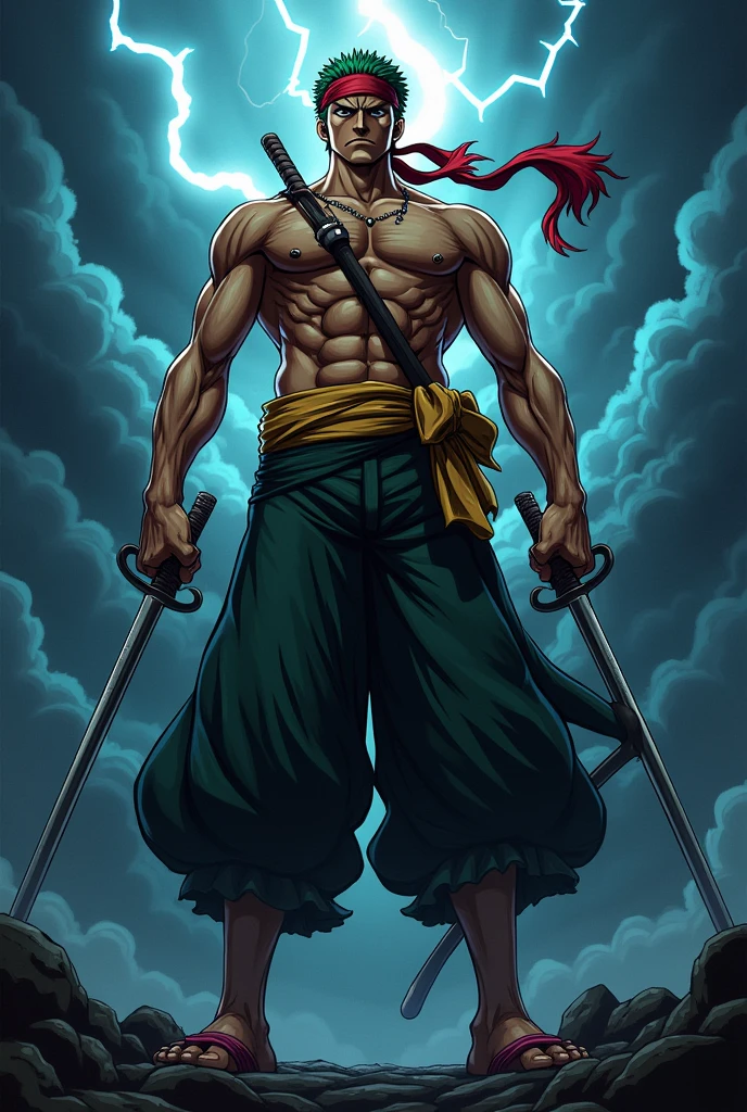 roronoa zoro with scary lighting background for logo