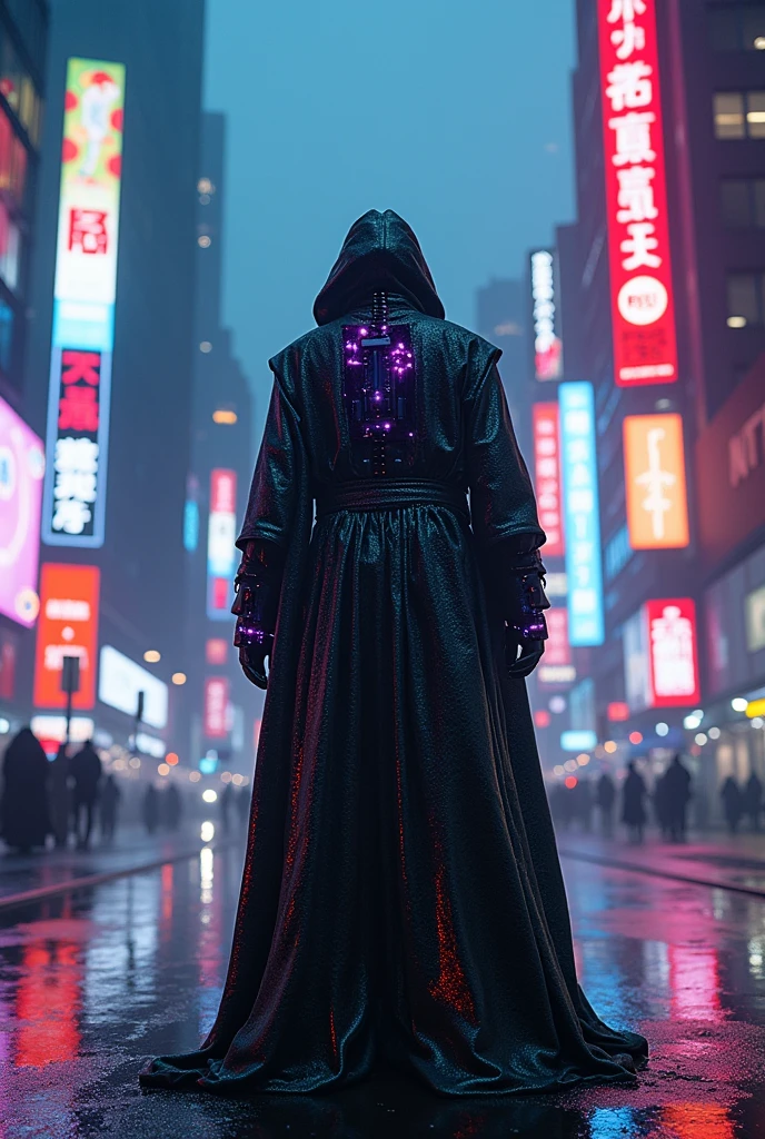 (best quality:1.3), (The best show:1.2), (Best Illustration:1.2), (Comic Style:1.2), (art film lighting:1.2) (1 person) Wearing a cyberpunk electronic robe with a futuristic sense of technology, His body was covered with metal parts, Cyberpunk technology with a horror movie backdrop,In the cyberpunk city of the future.