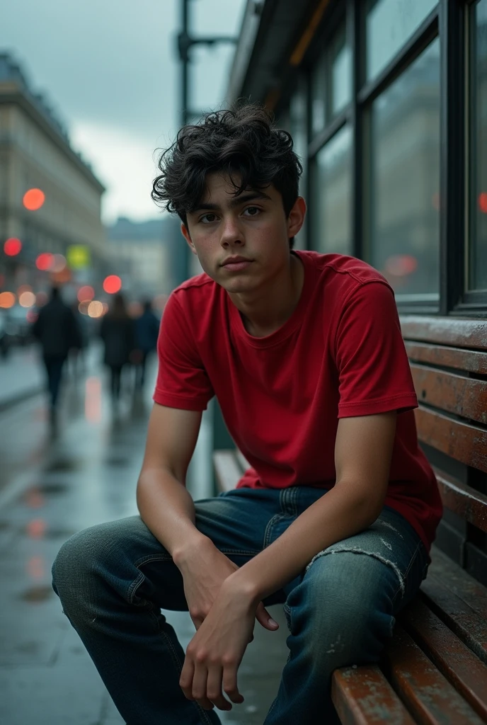 Create a 15-year-old boy wearing a red shirt, jeans, Black Hair, Very sad. Sitting on a bus bench.
