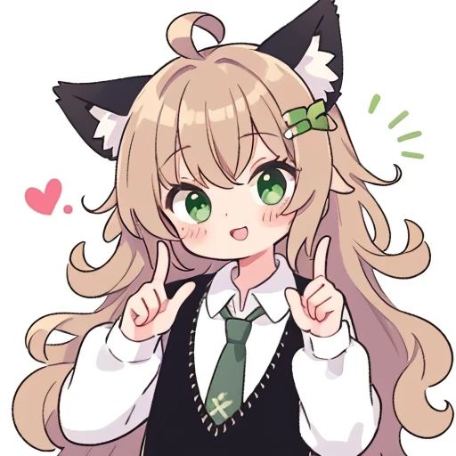 the drawing is of a person with curly hair and green eyes giving a middle finger, double v, v, necktie, bangs, ahoge, 1girl, looking at viewer, black necktie, long hair, long sleeves, animal ears, solo, collared shirt, shirt, hands up, hair ornament, white shirt, head tilt, beta_vrckipfel