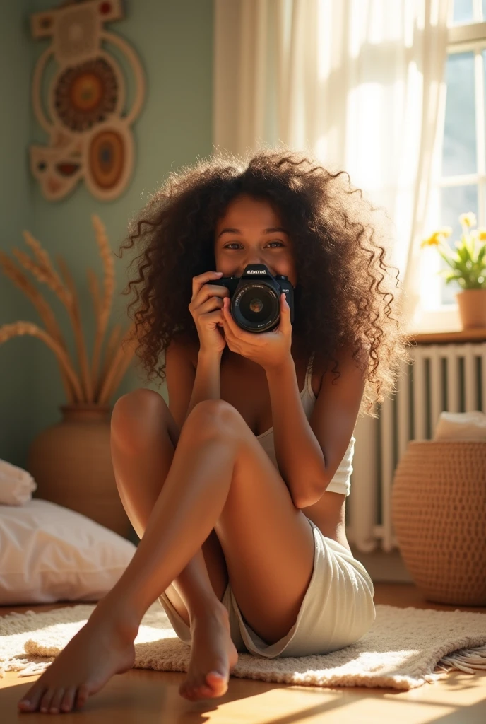 A brunette girl with curly hair and big breasts sits with her legs stretched out, taking a realistic photo