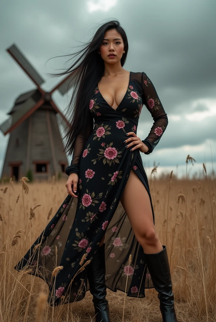((best quality)), ((masterpiece)), (detailed), Professional portrait, a curvy Asian woman with long black hair, wearing a black floral dress, wearing  boots, standing with dynamic pose in the middle of dry weeds, a large old unkempt mill is visible, there is a dark cloudy sky, giving a cloudy atmosphere in the afternoon