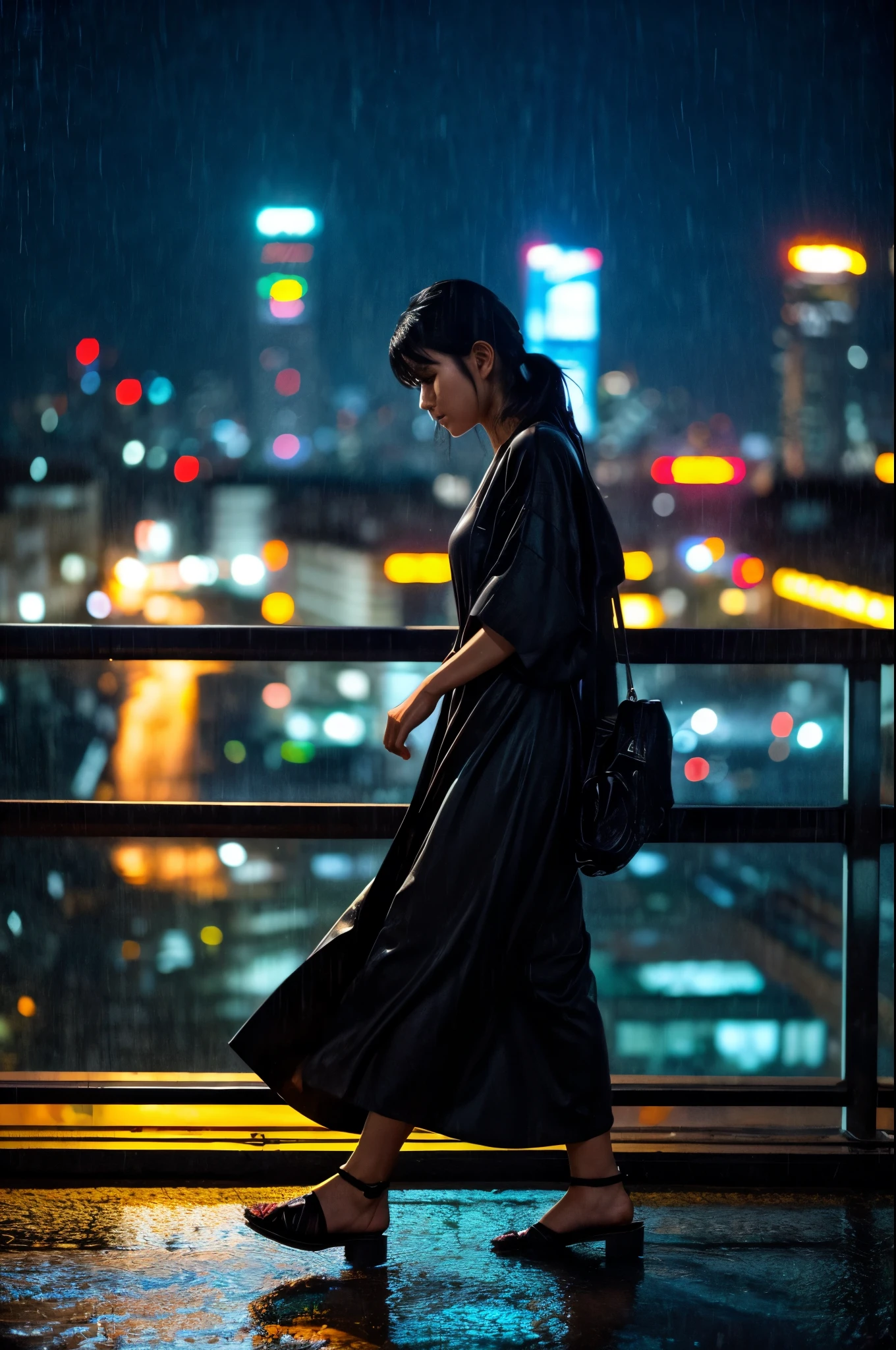 A cinematic scene capturing an 18-year-old Japanese girl with semi-long platinum white hair walking across the rooftop of a high-rise building in Tokyo on a rainy night. The rain pours heavily, drenching her traditional sky-blue yukata adorned with delicate white rabbit prints, which clings to her figure, adding a sense of vulnerability. Her hair, soaked and sticking to her face, contrasts starkly with the dark, stormy sky. She strides confidently, her sandals clacking softly against the wet rooftop tiles, with the city lights glowing faintly through the heavy rain in the background. The rooftop, slick with rainwater, reflects the vibrant yet subdued neon lights of the distant cityscape. The scene captures a moment of introspection as she pauses, looking out over the edge, her eyes filled with a mix of melancholy and determination. The atmosphere is thick with the sound of rain and the distant hum of the city below, creating a mysterious and hauntingly beautiful contrast between the ancient elegance of her attire and the modern urban jungle that surrounds her. The image is stylized to mimic a machine-made street photograph, with a 120mm film effect that emphasizes dynamic, harsh lighting and realistic chiaroscuro, adding a layer of depth and texture to the scene