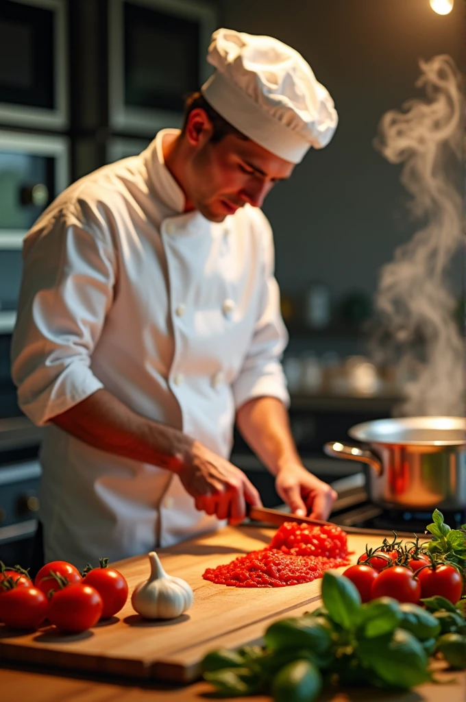 Chef preparing tomato sauce