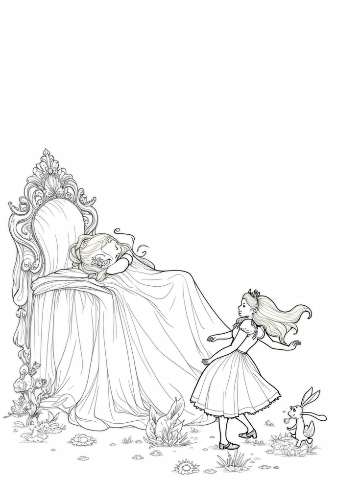 Sleeping Beauty cartoon, lying on her back on the bed, showing a crown, in black and white line drawings.
The Alice in Wonderland cartoon shows a line drawing of Alice running after a rabbit.