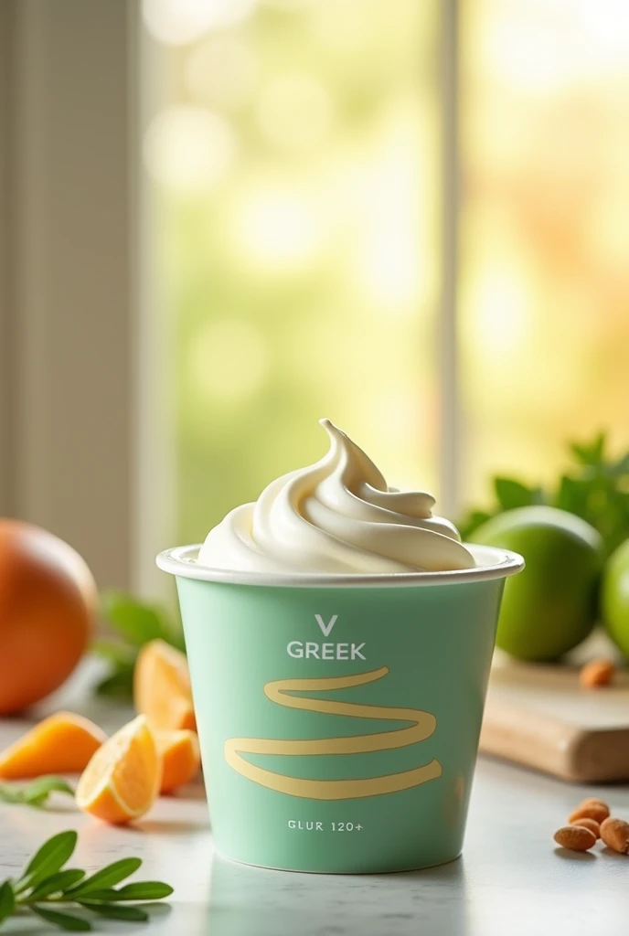 Greek yogurt cup shape, size 120 grams, brand V greek high protein and has probiotics, light green packaging and has egg yolk lines on the product cup, and a beautiful background, and a simple, luxurious product.