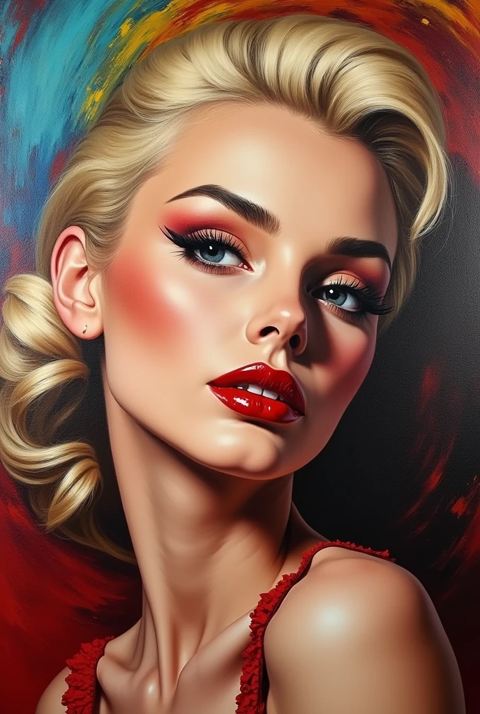 High-quality realistic acrylic art, vivid colors, Red make-up, red lipstick, slicked back Blond hair, Detailed Face, Detailed Lips, Detailed Eyes,