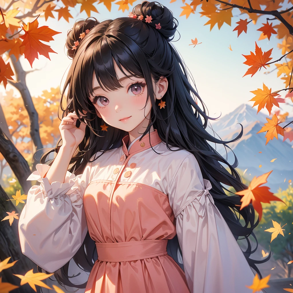 A chibi child girl had a small face and wearing a pink little tourist priest’s outfit, a pair of big round eyes shone with curiosity about him. This child was so cute, her hair is black with buns on her hair. Small chibi , chibi baby, smiling , chibi.
The backdrop is a mountain that turns orange-red in spring, and maple leaves fall from the trees.