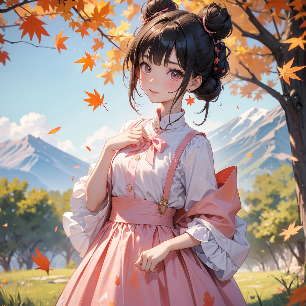 A chibi child girl had a small face and wearing a pink little tourist priest’s outfit, a pair of big round eyes shone with curiosity about him. This child was so cute, her hair is black with buns on her hair. Small chibi , chibi baby, smiling , chibi.
The backdrop is a mountain that turns orange-red in spring, and maple leaves fall from the trees.