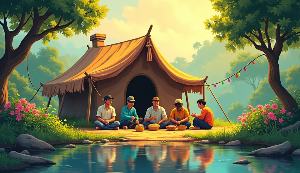 cartoon, a rural poor vietnamese small old clay tent with the light shining on them, in the style of colorful prisma, small pond, 6 men sitting on the ground having simple lunch, erased and obscured, multiple flash, iconic album covers,