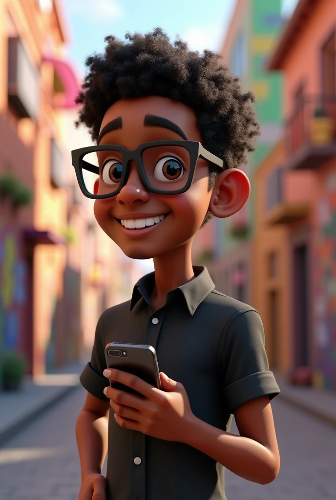 A 3D Disney Pixar style avatar of a black man with short curly hair, square glasses, a black shirt and a cell phone in his hand. 