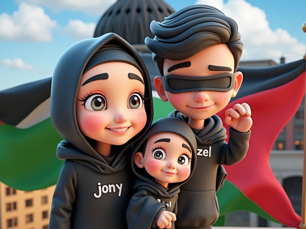 3d animated poster, The family consists of a father wearing a black ninja hoodie with the name Jony pop up., Mother wears a black ninja hoodie with the name Wulan pop up and a black hijab, Toddler boy wearing a black ninja hoodie with the name fazel pop up, background of rafah city and palestinian flag