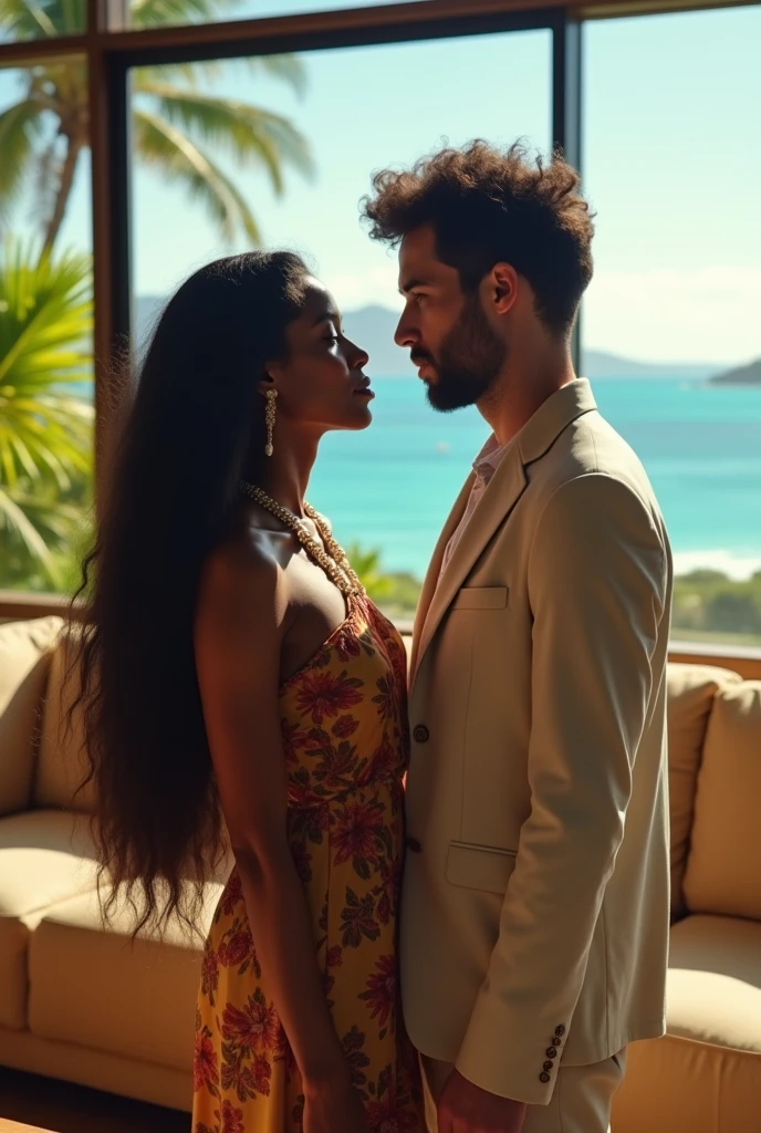 african girl, 19 ans, long black hair, looking into the eyes of a white guy, good looking, shaggy hair,sitting in a large luxury modern living room, tan furniture, natural lighting, day, panoramic view of Hawaii out of the window, wearing zimmermann, detailed, hd, interracial