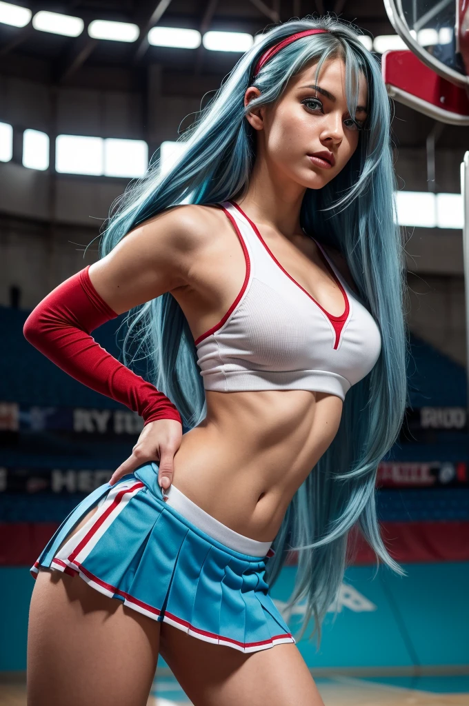 : A high-resolution, realistic image of a 20-year-old young girl with blue and white hair, long flowing blue hair, very long wavy azure blue hair, long blue hair, beautiful woman with blue hair, flowing blue hair, beautiful blue-haired girl, pretty girl with blue hair, long azure blue hair, blue long hair, very long blue hair, girl with blue hair, blue hairstyle, tall, height 180 cm, weight 45 kg, beautiful, athletic figure, medium round breasts, green eyes, (best quality, 4k, 8k, high definition), ultra detail, detailed face and facial features, beautiful detailed eyes, beautiful detailed lips, extremely detailed eyes and face, long eyelashes, graceful triangular face, classic lip shape, small graceful nose, super realistic. She is dressed in a sexy cheerleader uniform with a red and white color scheme, featuring a low-cut top and a very short, pleated skirt. The outfit includes matching red high socks and white cheerleading shoes.
She poses with one hand on her hip and the other holding a pom-pom in a high, dramatic pose. Her hair is styled in loose, voluminous waves, enhancing her vibrant look.
The background shows a detailed basketball court with a polished wooden floor, clear game markings, and a fully equipped hoop. The bleachers are filled with spectators, and the court is brightly lit with overhead lights.
