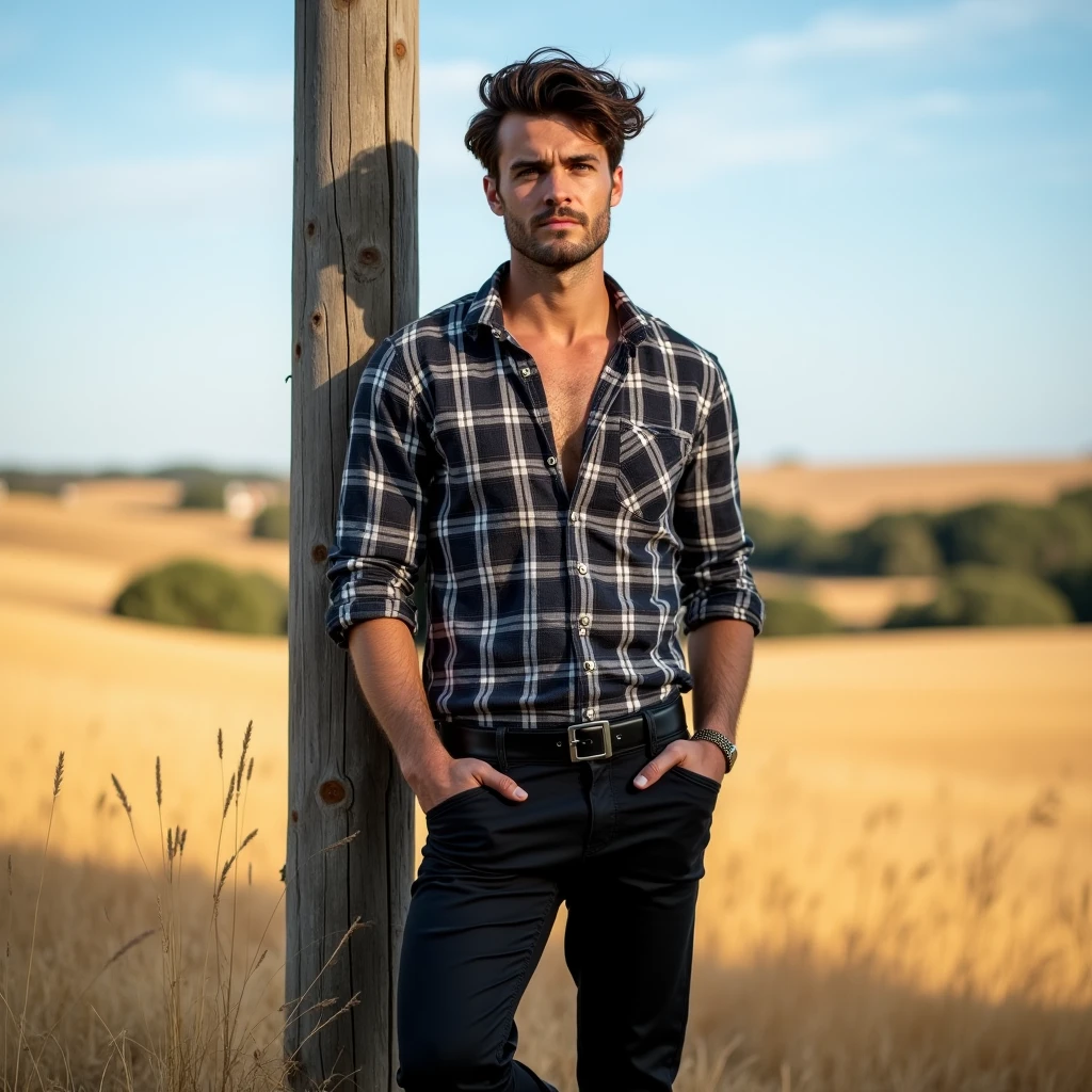 A white man, at 33 years old, model type, with short dark hair, with blue eyes, wearing a plaid shirt buttoned up, black pants with belt,  tennis, hugging an electricity pole in Alentejo 