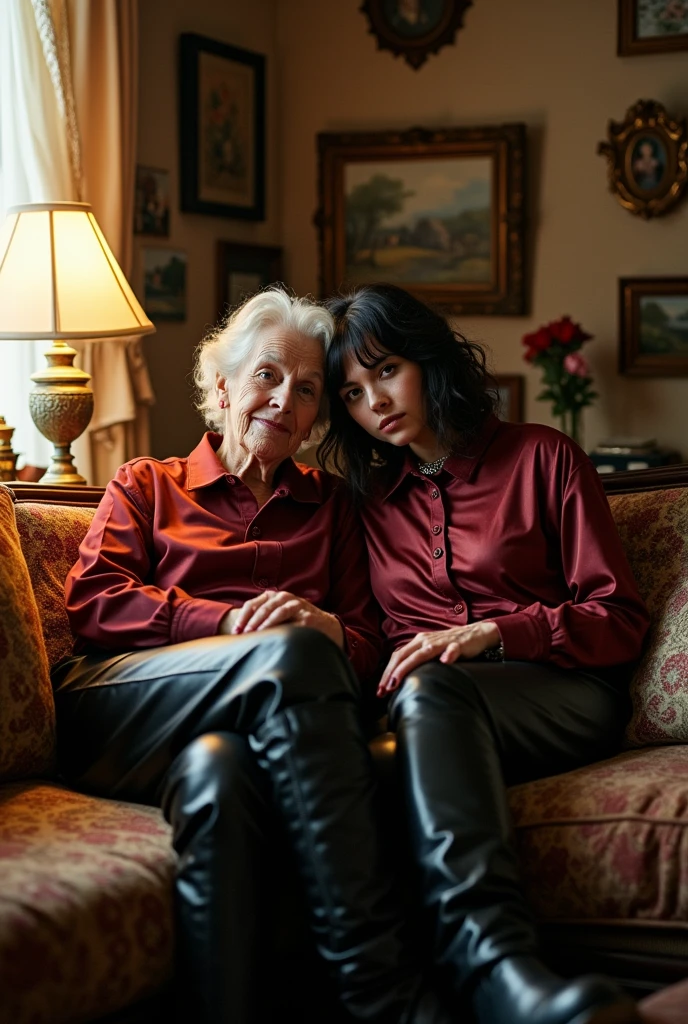 Grand mère moche et sa moche de 20 ans assise dans le salon sur le canapé en chemise en satin, jupe en cuir noir et des cuissardes.