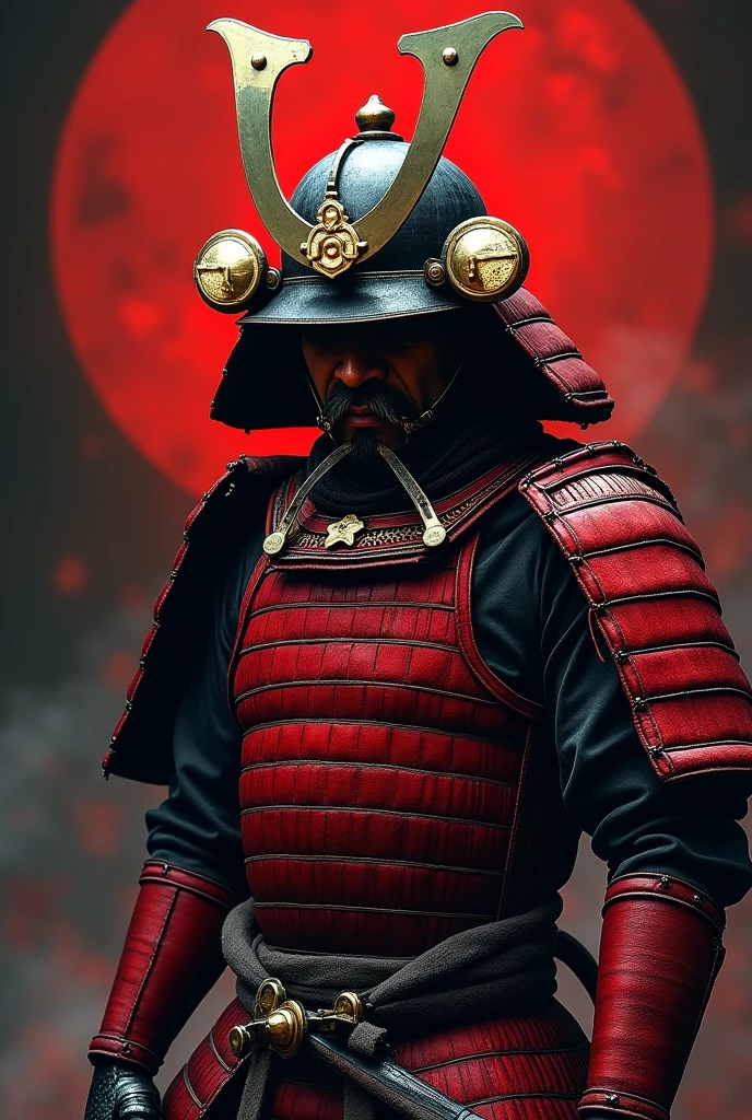 Red samurai in black background 
