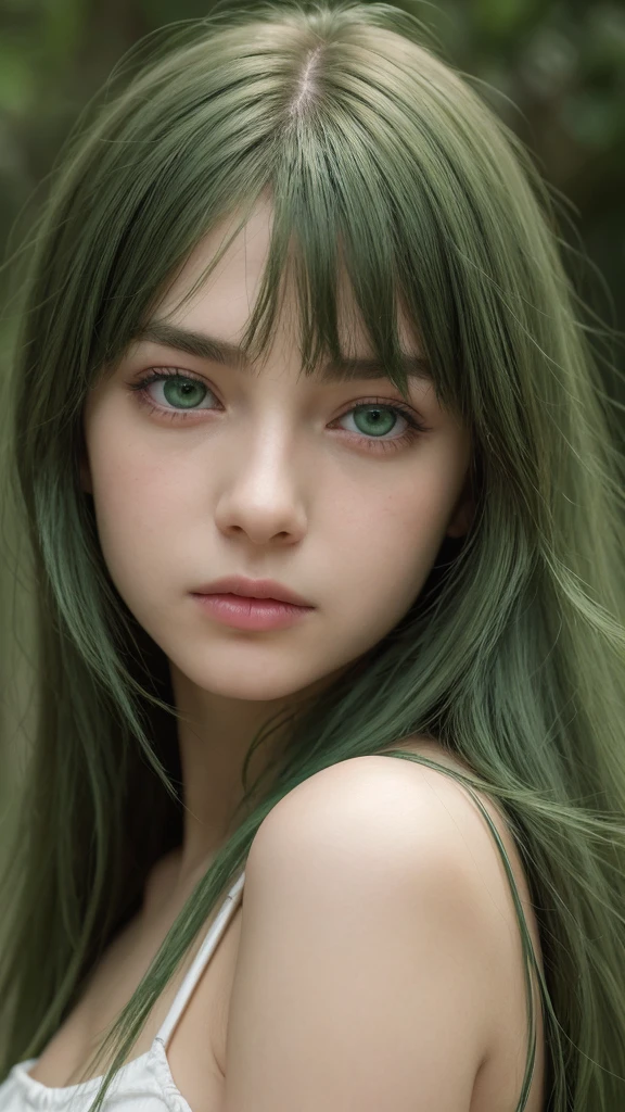 a girl. European. Extremely detailed face. Oval face. Delicate facial features. Half-closed eyes. Long straight hair. Messy hair. Bangs. Green hair. Green eyes. lewd expression. sad mood