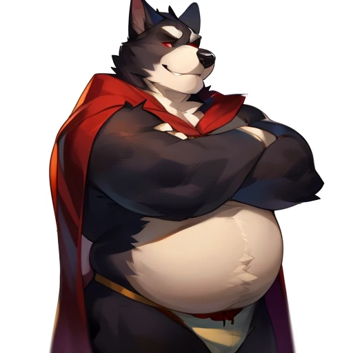 solo, male, canine, chubby, musclegut, mature male, old, confident , arms crossed, black fur, red eyes, body hair, half-body, white background, by mystikfox61, by darkgem, by glitter trap boy, by bebebebebe,red cape in the back,detailed