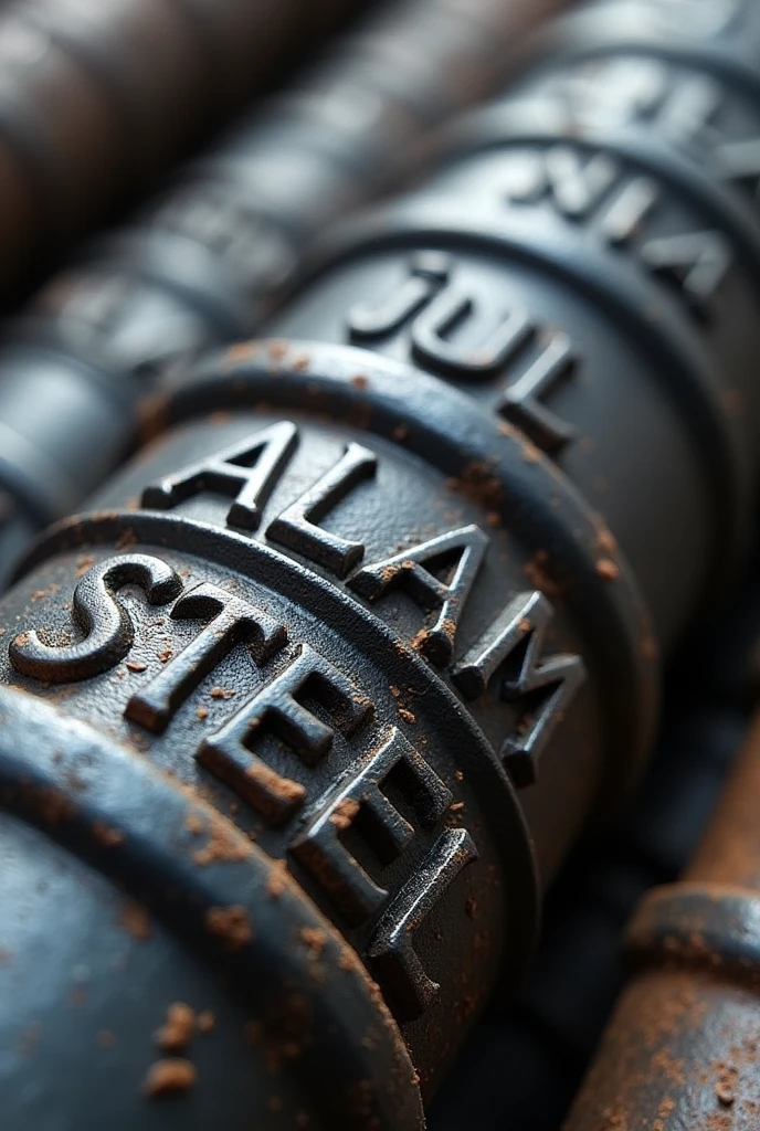 Generate a high-quality, detailed image of a steel rebar (sariya) with visible ribs running along its length. The rebar should have the text "ALAM STEEL" embossed deeply into the surface, in bold, industrial-style lettering that wraps around the rebar's curvature. The ribs should be pronounced, following the spiral pattern typical of reinforced steel bars. The text "ALAM STEEL" should look like it's been stamped or engraved into the metal, maintaining a strong, durable appearance, with the metallic texture and sheen clearly visible. Ensure that the overall design of the rebar reflects the realistic look of a construction-grade steel rod with all the characteristic features.