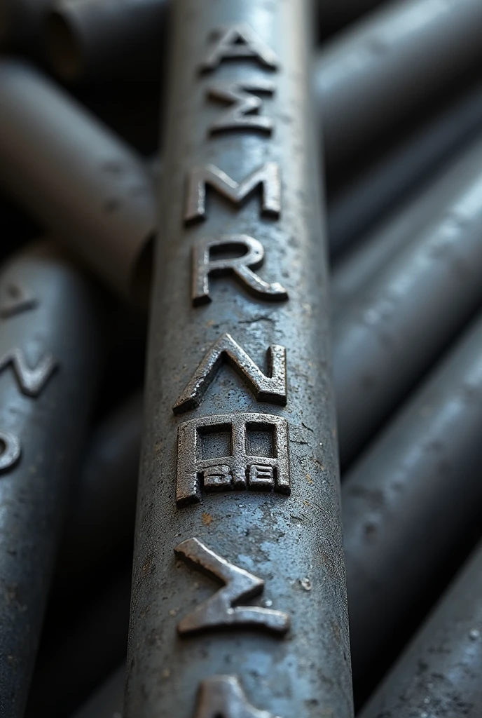 Generate a high-quality, detailed image of a steel rebar (sariya) with visible ribs running along its length. The rebar should have the text "ALAM STEEL" embossed deeply into the surface, in bold, industrial-style lettering that wraps around the rebar's curvature. The ribs should be pronounced, following the spiral pattern typical of reinforced steel bars. The text "ALAM STEEL" should look like it's been stamped or engraved into the metal, maintaining a strong, durable appearance, with the metallic texture and sheen clearly visible. Ensure that the overall design of the rebar reflects the realistic look of a construction-grade steel rod with all the characteristic features.
