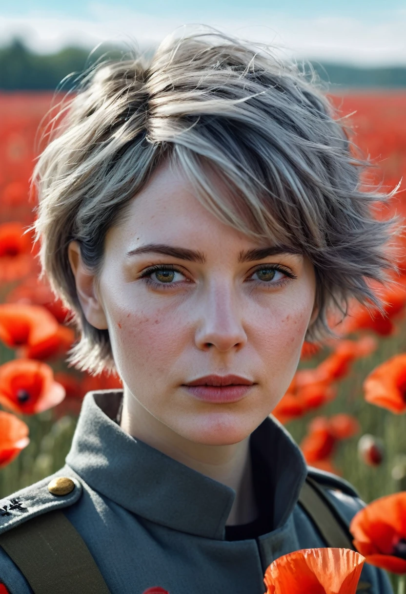 Space, large portrait of beautiful 35 year old scruffy girl with tired expression with pale skin and neat short gray haircut on poppy field clear day in soldier uniform super detailed art, Deep color, fantasy, complex part, home screen, additional colors, fantasy concept art, permission 8k