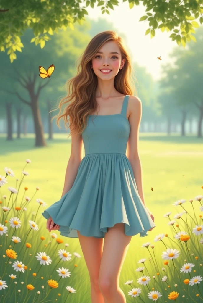  baby blue dress with square neckline and sleeveless, mini length with pleated flared skirt, I wore shorts and yellow lace panties but I didn't wear a bra
