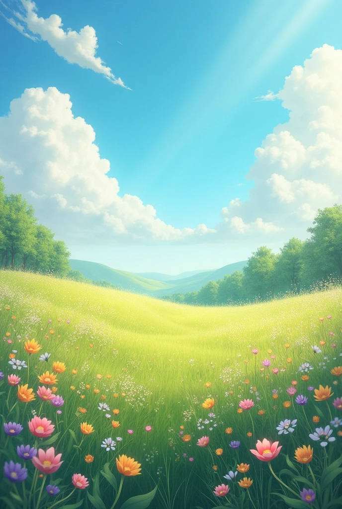 A natural landscape with flowers and sky, in bright pastel tones, with a bit of a fairytale feel.