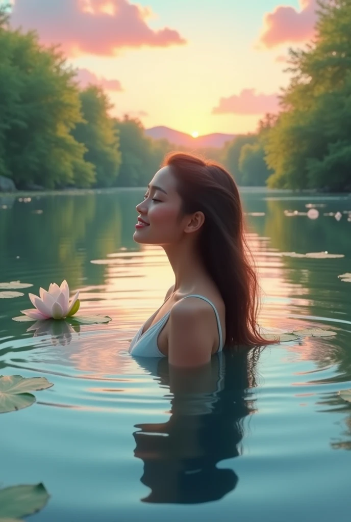Profile picture that is a drawing of a woman in a calm and relaxing lake for YouTube about relaxation and relaxation