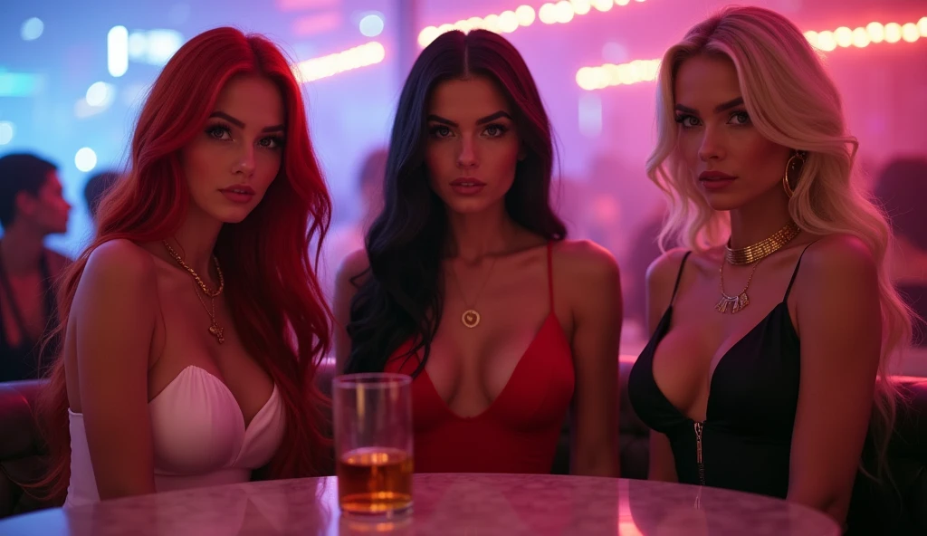 ultra realistic, photography, three girls: one with long straight red hair, (24 years old, hourglass figure, perfect body, natural medium breasts, wearing a white high-leg-cut dress), the second one: long black straight hair, (30 years old, hourglass figure, perfect fit body, natural big breasts, wearing a red cocktaildress), dark eye makeup with eyeliner, the third one: long blonde hair, (wavy elegant hair, blue eyes, perfect round lips, 22 years old, gorgeous face, voluptuous figure, perfect fit body, big enhanced breasts, wearing a black skin-tight dress), they have great round cleavage, perfect cleavage, they are sitting behind a table in a club, they are heavily flirting with handsome elegantly dressed men with short brown hair,