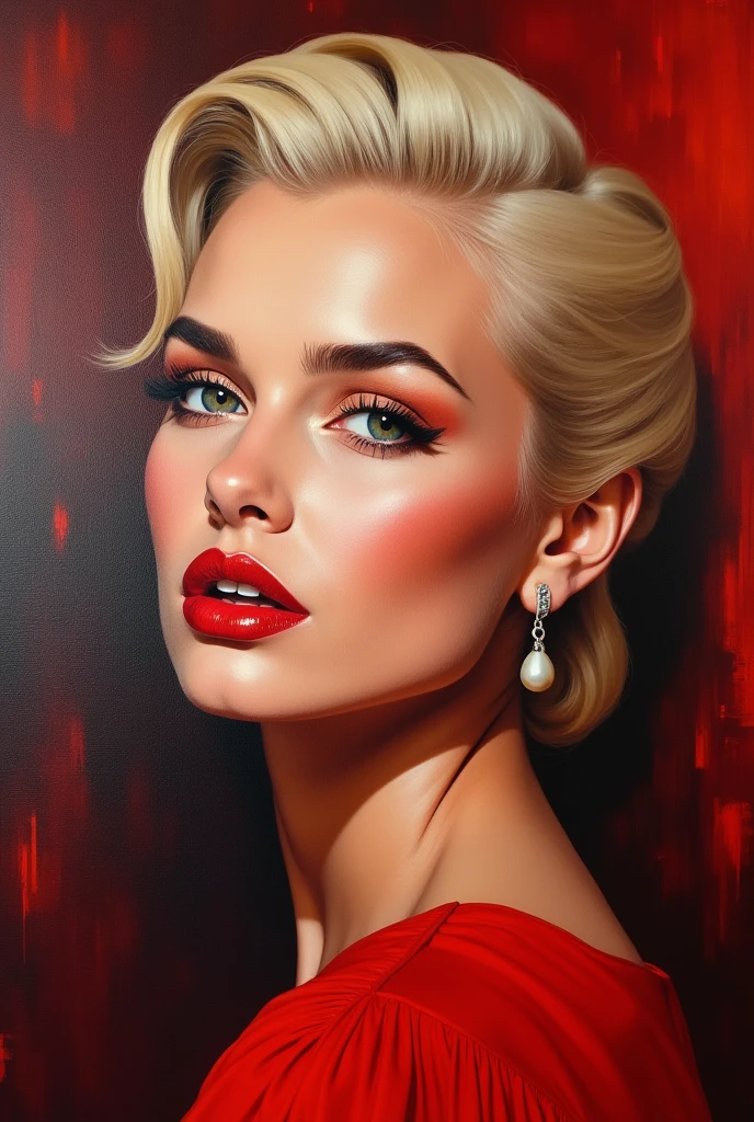 High-quality realistic acrylic art, vivid colors, Red make-up,  red lipstick, slicked back Blond hair, Detailed Face, Detailed Lips, Detailed Eyes, 