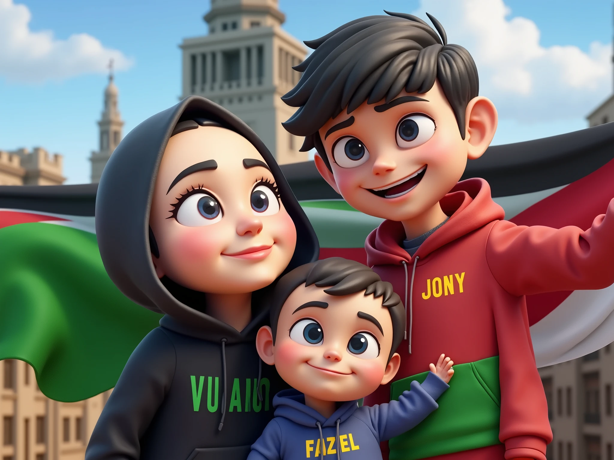 3d animated poster, The family consists of a father wearing a black ninja hoodie with the name Jony pop up., Mother wears a black ninja hoodie with the name Wulan pop up and a black hijab, Toddler boy wearing a black ninja hoodie with the name fazel pop up, background of rafah city and palestinian flag