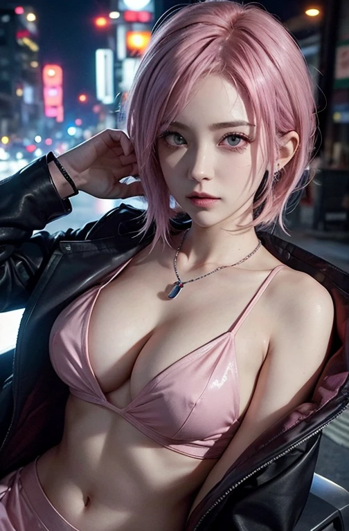Cool women、sexy、Center of chest、Rize from Chainsaw Man、beauty、Yandere、、Face close-up、Chest tattoo、suit、necklace、(look up)、(Pink Hair)、).((Save face image))、((City of night)).