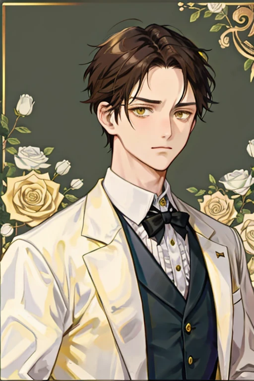 an anime man in his 40s with short brown hair and yellow eyes with a frown and lines on his forehead dressed in a dark Victorian suit