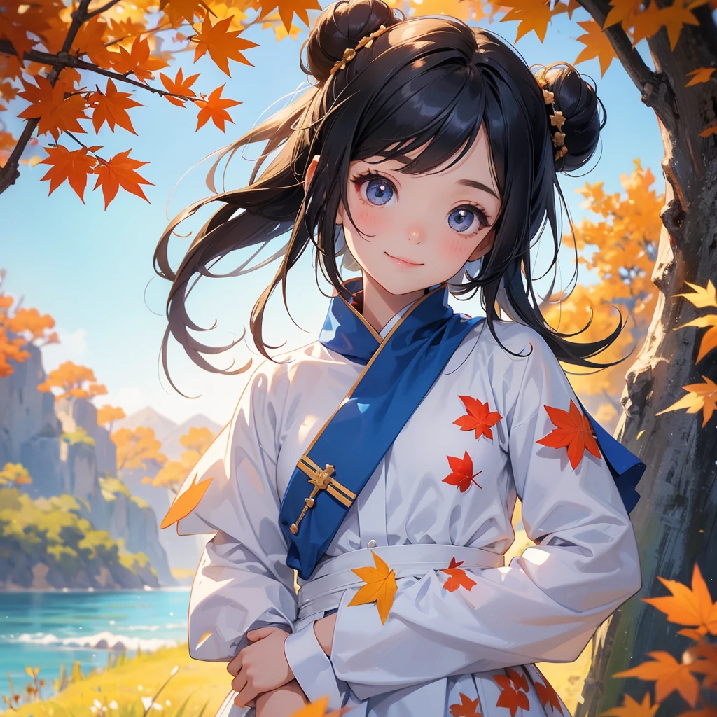 A chibi child girl had a small face and wearing a blue little tourist priest’s outfit, a pair of big round eyes shone with curiosity about him. This child was so cute, her hair is black with buns on her hair. Small chibi , chibi baby, smiling , chibi.
The backdrop is a mountain that turns orange-red in spring, and maple leaves fall from the trees.