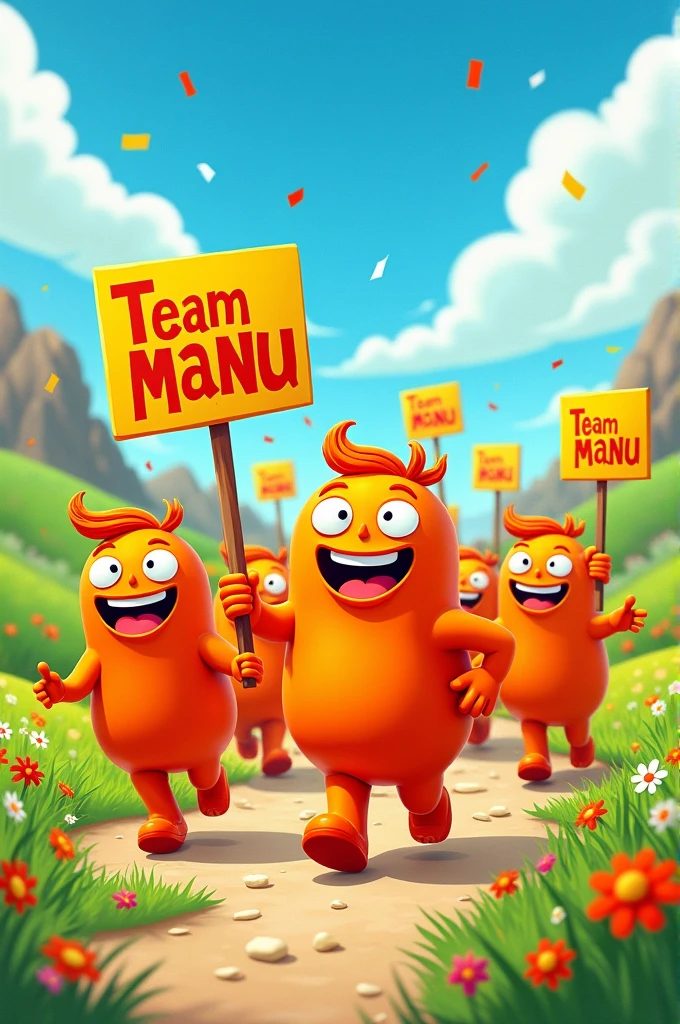 Cartoons of an orange army with signs that say team manu