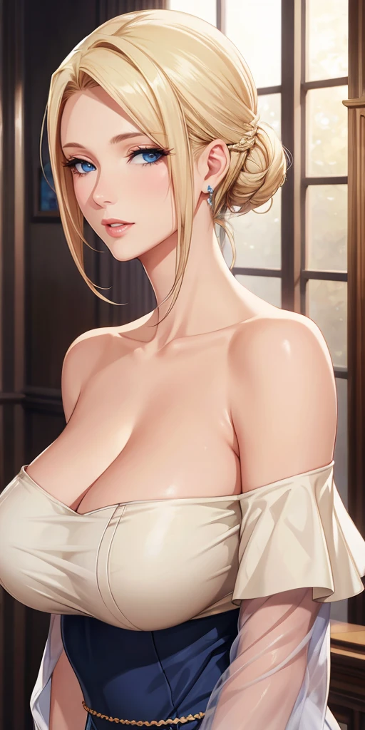 Elegant mature female, blue eyes, blonde hair, off shoulder outfit, soft light, 4k resolution, high quality, beautiful cg