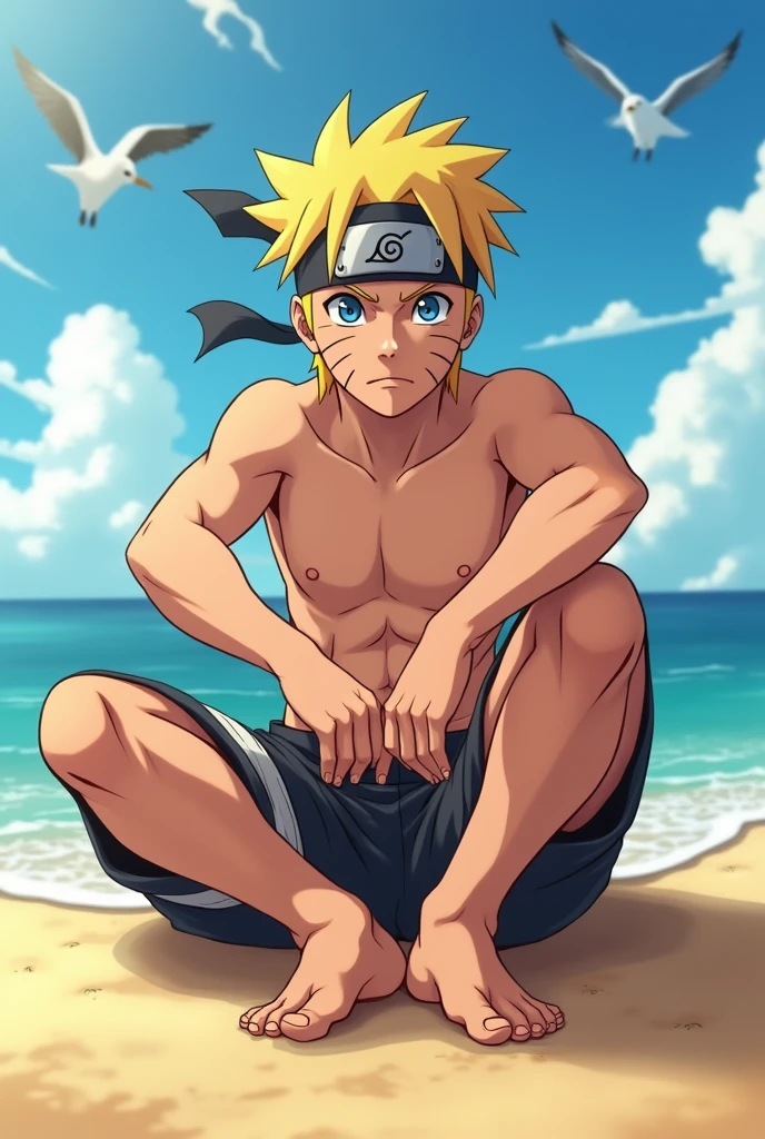 Realistic HD style image of Naruto Uzumaki barefoot showing the soles of his feet close to the camera,sitting on the beach shirtless
