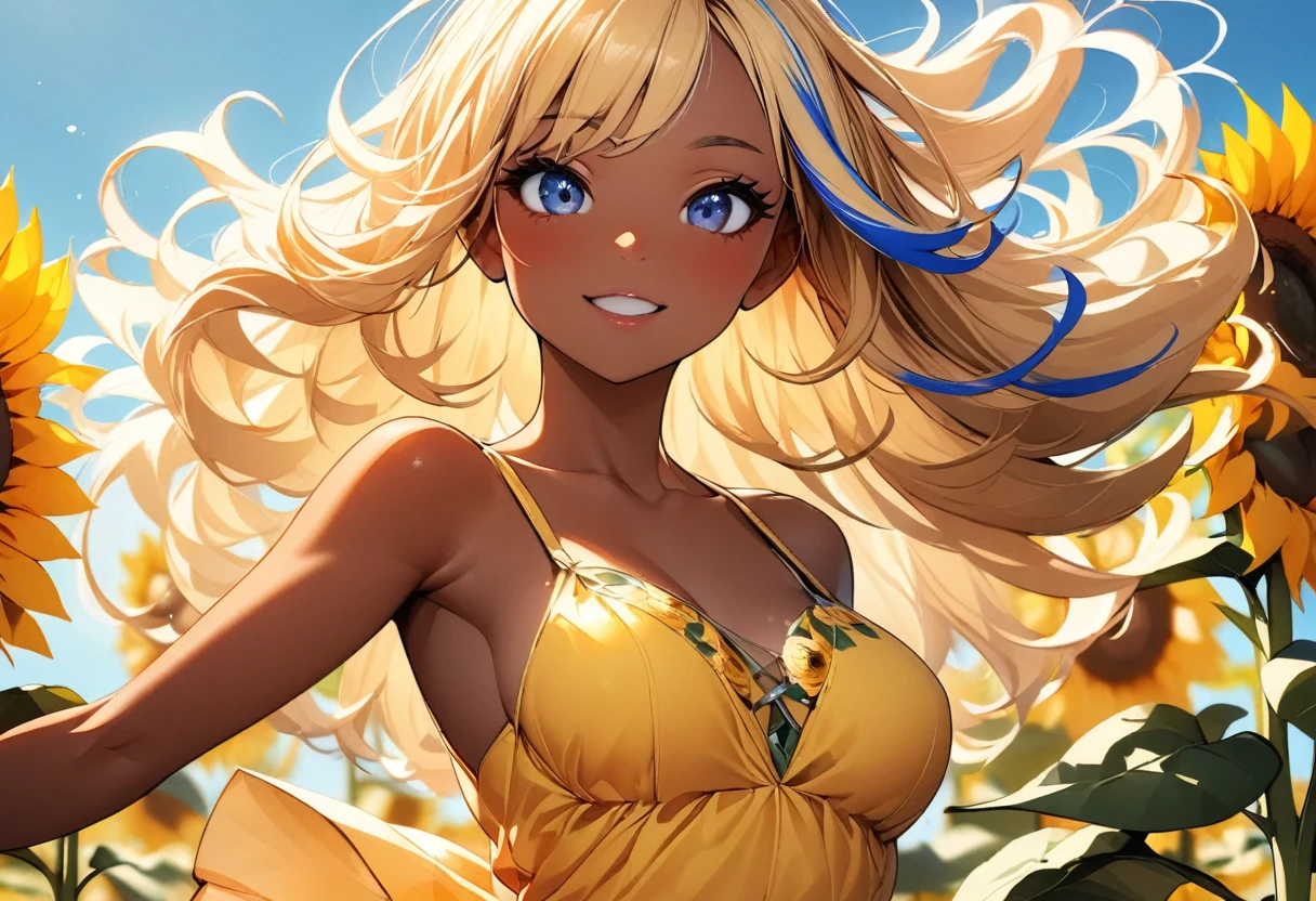 (highest quality:1.2, Very detailed, up to date, Vibrant, Ultra-high resolution, High Contrast, masterpiece:1.2, highest quality, Best aesthetics), Portraiture、girl、slim, Bright colors、Beautiful fine details、Beautiful lip detail、long hair, ((wavy hair:0.4))、messy hair, blonde and blue ((streaked hair:1.3)), highlights hair: 1.3, (medium breast:1), (tan skin:1.3), yellow mini-dress, sunflower pattern, in sunflower plantation, blue sky:1, sunshine, summer day, happy:2, Frolicking, dynamic pose, upper body