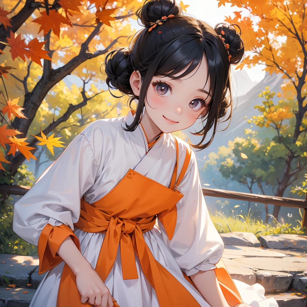 A chibi child girl had a small face and wearing a white little tourist priest’s outfit, a pair of big round eyes shone with curiosity about him. This child was so cute, her hair is black with buns on her hair. Small chibi , chibi baby, smiling , chibi. 

The backdrop is a mountain that turns orange-red in spring, and maple leaves fall from the trees.