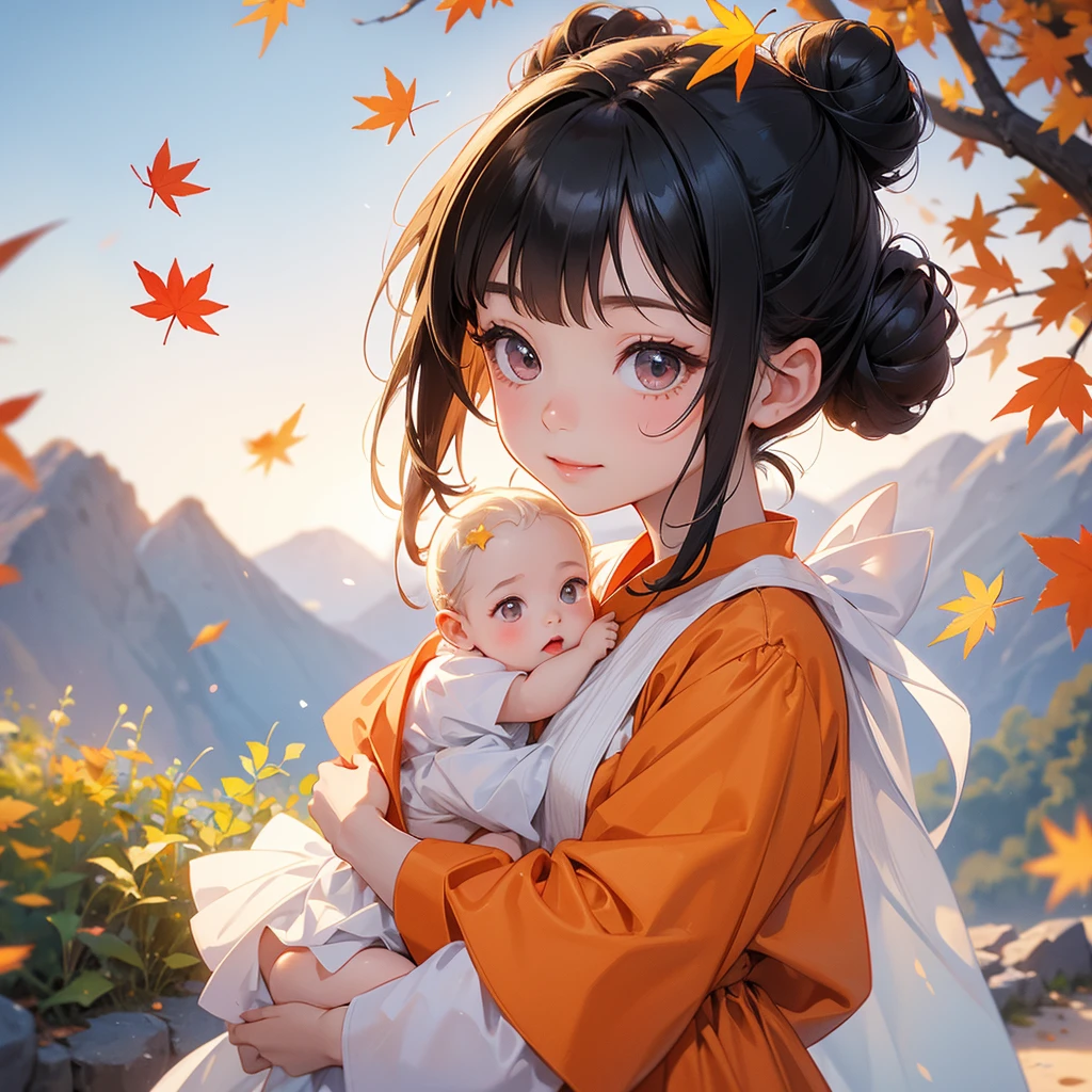 A one-year-old baby boy in an white ancient Chinese baby costume with his beautiful mother, dressed in an ancient Chinese costume, Standing in the middle of a wheat field, There are some floating clouds, playing with each other, with his handsome father standing next to his mother, close up.